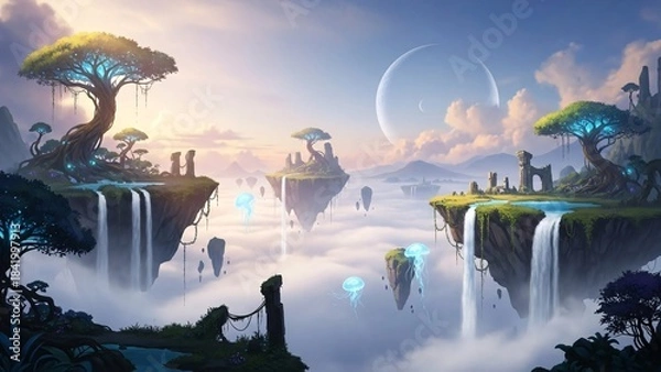 Fototapeta Fantasy Landscape with Floating Islands and Waterfalls.