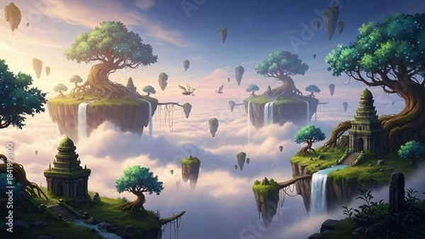 Fototapeta Fantasy Landscape of Floating Islands with Lush Greenery and Waterfalls in the Sky.