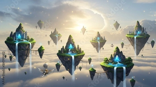 Fototapeta Fantasy Floating Islands with Waterfalls and Glowing Portals in a Dreamy Sky.