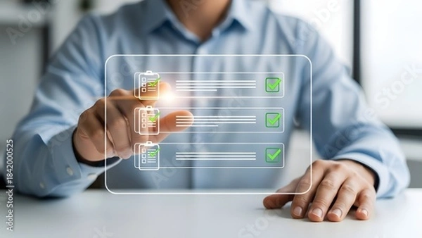 Obraz Business professional interacting with a futuristic transparent digital checklist, representing efficient task management, survey completion, and progress monitoring in a contemporary work setting