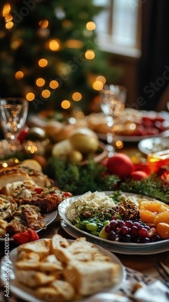Obraz A festive feast on a table, tree in background