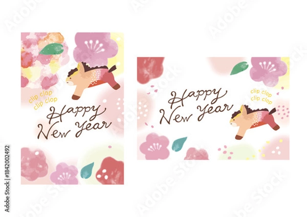 Obraz 2026年年賀状テンプレート 跳ぶ馬