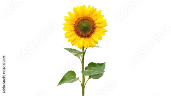 Fototapeta Vector of a bright yellow sunflower with green leaves on transparent background