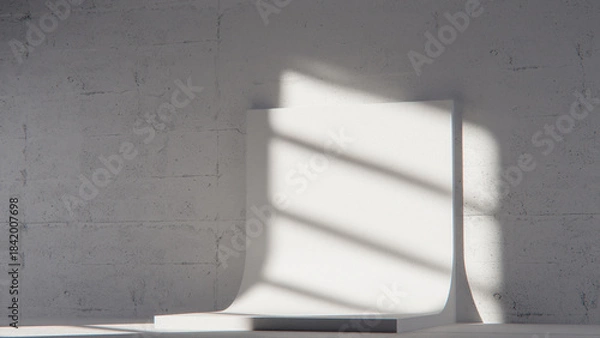Obraz Minimal 3D scene with curved white backdrop and concrete texture. Ideal for product display, branding, and modern design mockups with natural light and shadow play.