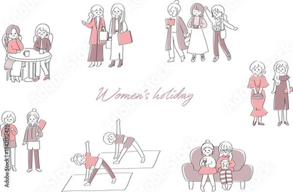 Obraz 休暇に趣味を楽しむ女性たちのかわいいイラストセット