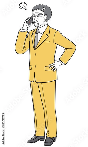 Fototapeta スマートフォンで電話しながら怒っているスーツの中年男性（シンプル）