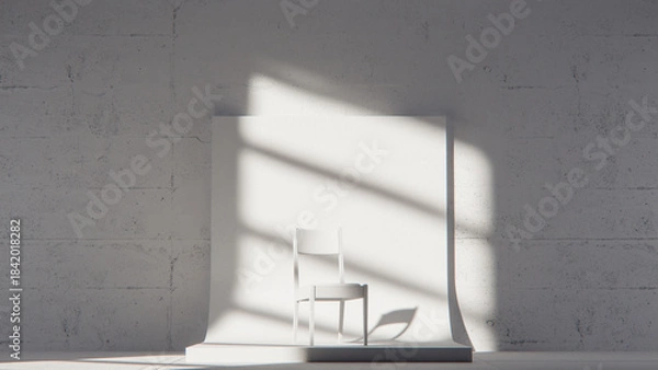 Fototapeta Minimalist 3D studio with white chair on curved backdrop and concrete wall. Ideal for product display, branding, and modern design with dramatic natural light and shadows.