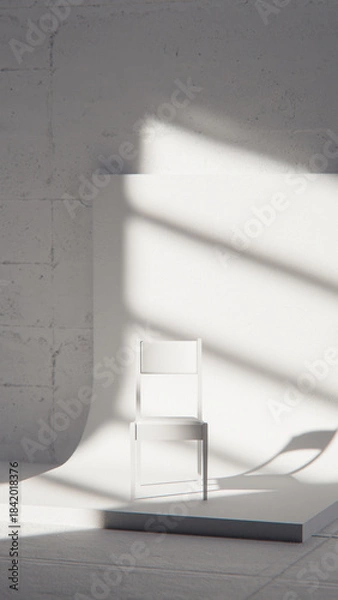 Fototapeta Minimalist 3D studio with white chair on curved backdrop and concrete wall. Ideal for product display, branding, and modern design with dramatic natural light and shadows.