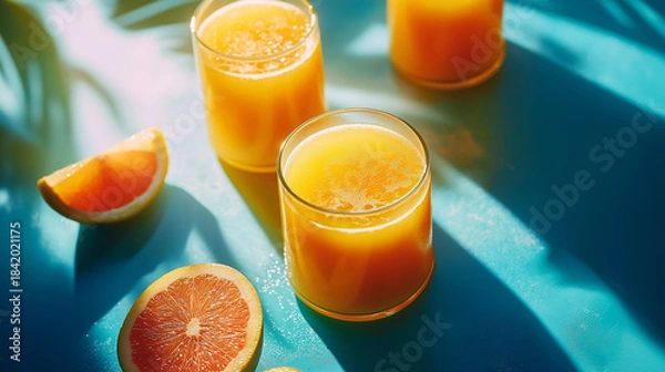 Fototapeta Refreshing Citrus Juice on Bright Summer Table
