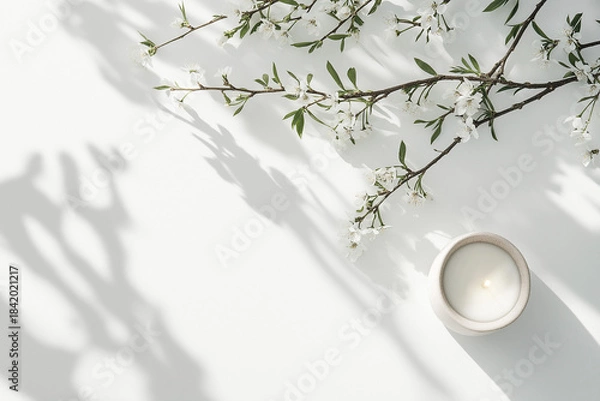 Fototapeta Spring Blossoms with Candle on Minimal White Background