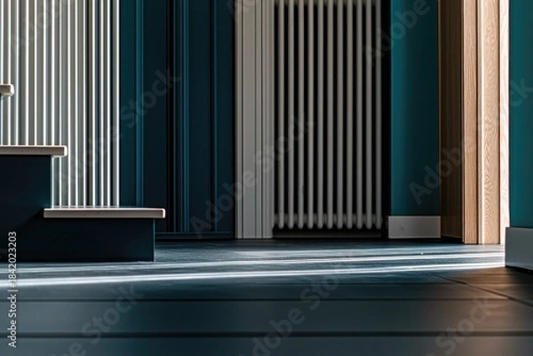 Fototapeta modern interior close-up with dark blue walls, vertical slats, radiator, and soft sunlight for minimalist architecture design