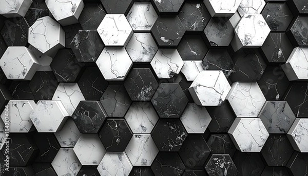Fototapeta Black and white hexagonal mosaic pattern, marble effect
