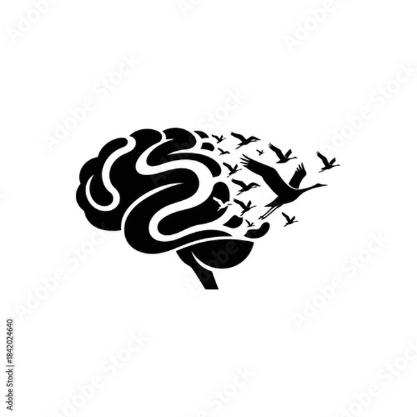 Fototapeta Black silhouette of a human brain with a flock of birds flying out, symbolizing freedom of thought and mental liberation.