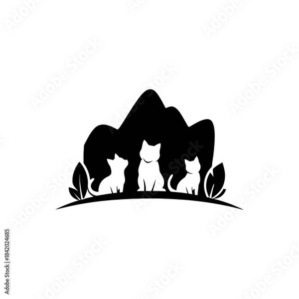 Fototapeta Three black cat silhouettes sitting in front of a mountain with leaves, minimalist design.