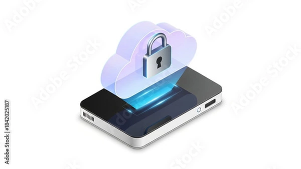 Obraz Isometric Smartphone with Cloud and Padlock Illustrating Secure Mobile Cloud Computing.