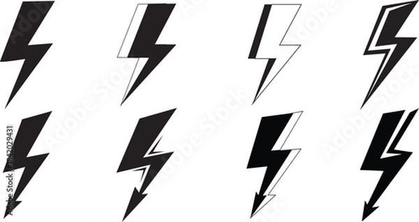 Fototapeta Lightning bolt icon set. Electric thunder flash symbols. Vector collection of black, outline, and retro power shapes.
