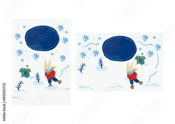 Obraz グリーティングカードベクターイラストテンプレート うさぎがスケートをする冬の可愛らしい風景