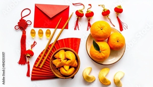 Fototapeta Traditional Chinese New Year Flat Lay: Oranges, Envelopes, and Tassels for Festive Gifting Decor