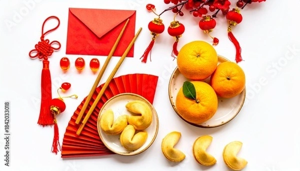Fototapeta Lunar New Year Decoration Flat Lay: Oranges, Red Packets, and Festive Tassels Arrangement