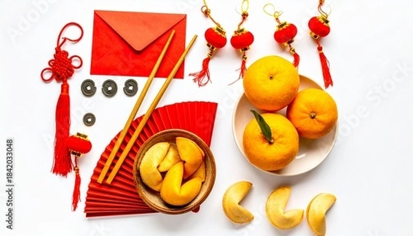 Fototapeta Chinese New Year Flat Lay: Festive Oranges, Red Envelope (Hongbao), Tassels, and Chopsticks