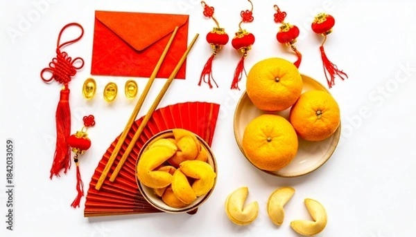 Fototapeta Chinese New Year flat lay with oranges, red envelope, tassels, chopsticks and festive decorations