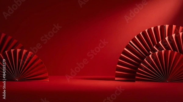 Fototapeta Lunar New Year Red Fan Display: Dramatic Lighting and Shadows on Red Backdrop