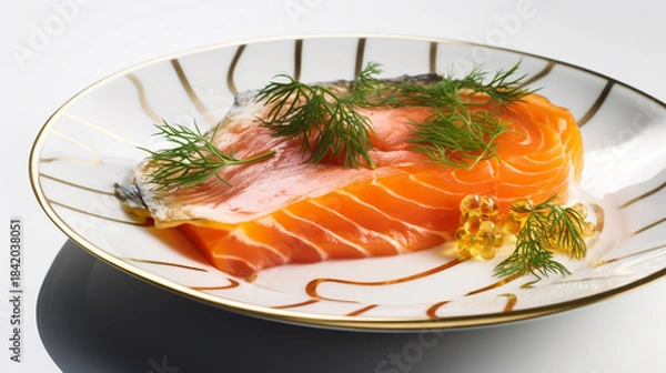 Fototapeta Delicious smoked salmon fillet garnished with fresh dill on a decorative plate