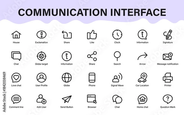 Obraz Communication interface icons. messaging, alerts, navigation, sharing, signals, and modern interaction elements collection.