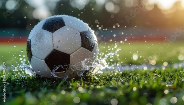 Fototapeta Soccer ball splashing in water on a green grass field during a sunny day, with bokeh lights in the foreground and background.
