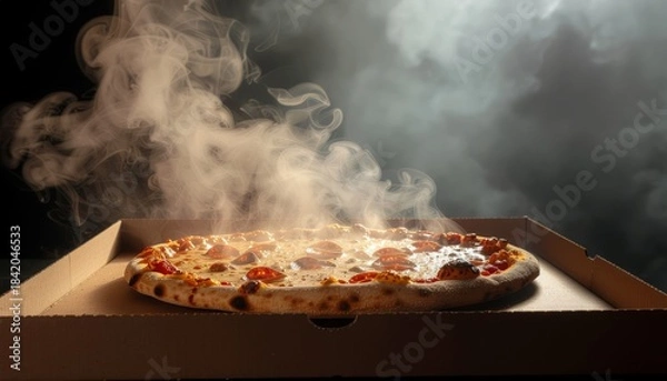 Fototapeta Steaming hot pizza in a delivery box with smoke rising, ready to be enjoyed.