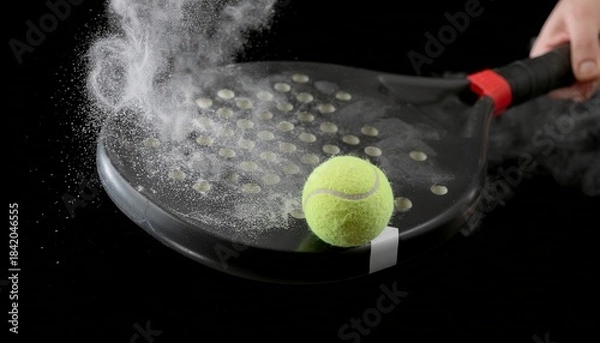 Fototapeta Tennis ball on a paddle with smoke and water droplets, captured in a dynamic studio shot against a dark background.