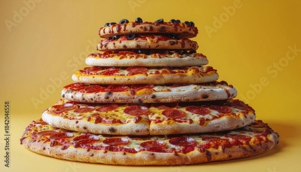 Fototapeta A towering stack of delicious pizzas, each one smaller than the last, creating a pyramid of cheesy goodness against a vibrant yellow background, ready to be enjoyed by friends and family at a party o.