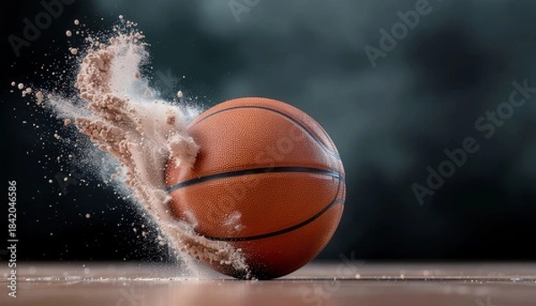 Fototapeta Basketball bouncing on a court with dust particles exploding around it, showcasing dynamic motion and energy in sports.