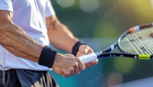 Fototapeta Close-up of a tennis player holding a racket on the court, ready for action.