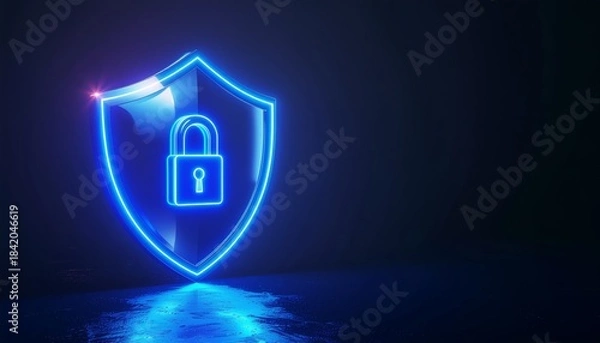 Fototapeta Cybersecurity Shield with Padlock Icon in Blue Neon Light on Dark Background.