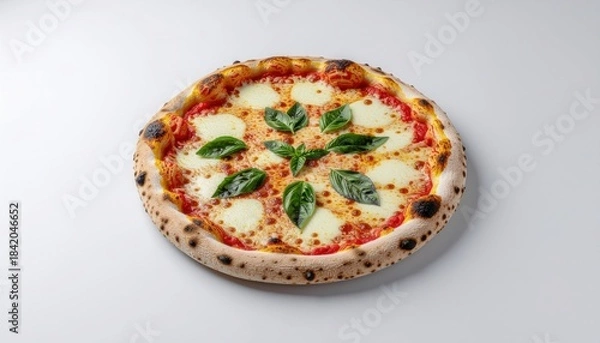 Fototapeta Delicious Neapolitan Margherita Pizza with Fresh Basil and Mozzarella Cheese.