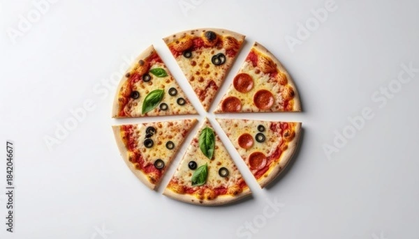 Fototapeta Delicious Pizza Slices Arranged in a Circle on a White Background.