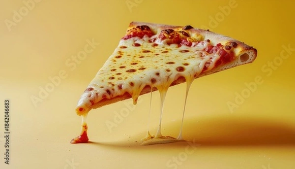 Fototapeta Delicious Slice of Cheese Pizza with Melted Cheese Dripping on a Yellow Background.