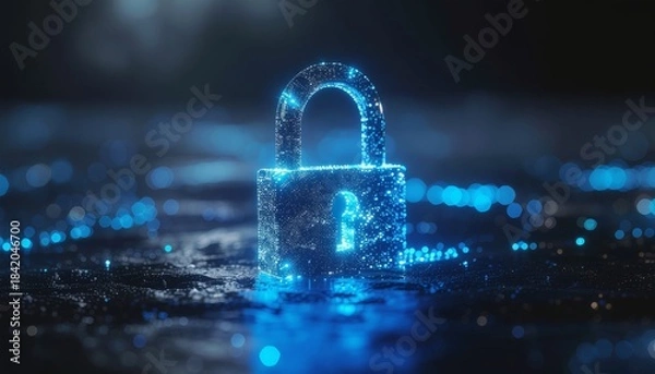Fototapeta Digital padlock glowing blue on a dark background representing cybersecurity and data protection.