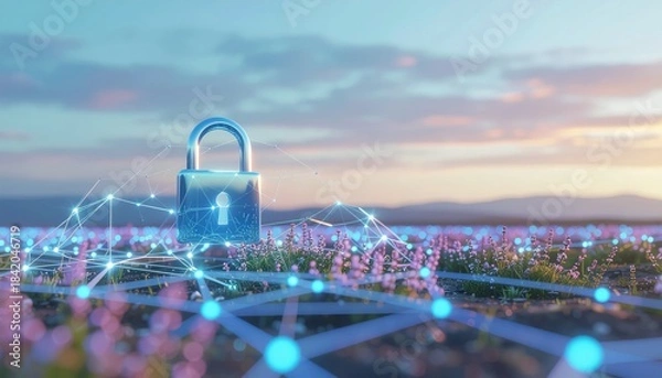 Fototapeta Digital Security Network with Padlock Over Cityscape at Sunset.