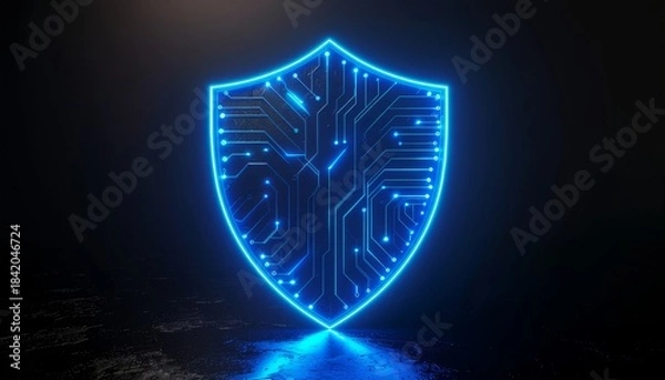Fototapeta Digital Shield with Circuit Board Pattern Illuminating in Blue Light.