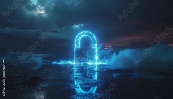 Fototapeta Glowing Neon Archway Reflected in Water Under a Dark, Cloudy Sky.