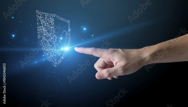 Fototapeta Hand touching digital padlock, symbolizing cybersecurity and data protection.