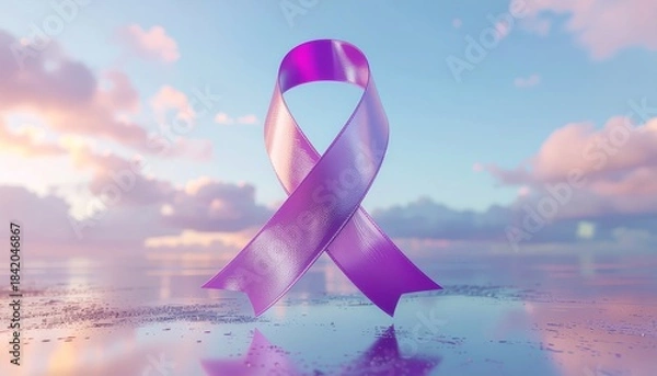 Fototapeta Purple Ribbon Symbolizing Awareness and Support for Various Causes Against a Serene Sky.