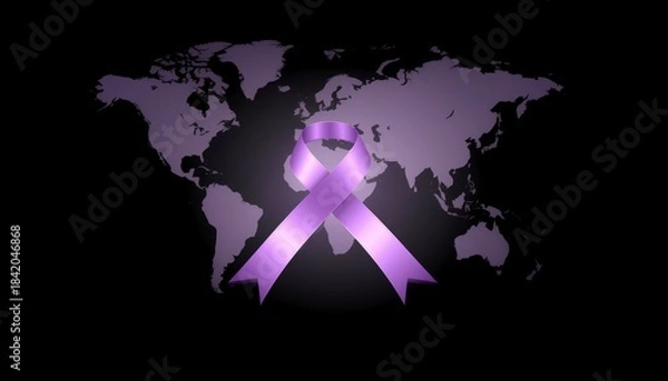 Fototapeta Purple Ribbon on World Map Symbolizing Global Awareness and Support.