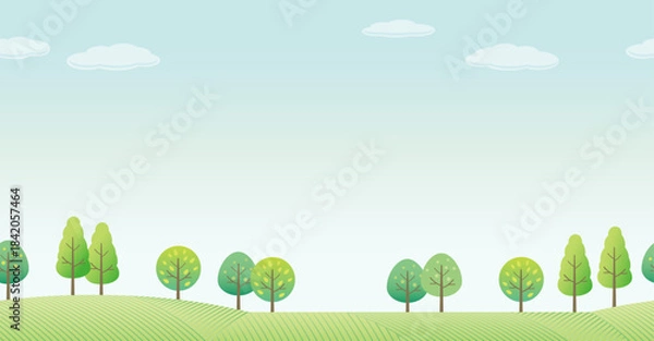 Fototapeta Seamless Hilly Forest In Spring Vector Illustration With Text Space. Horizontally Repeatable.