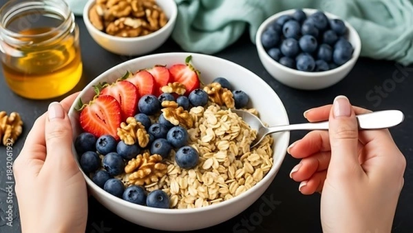 Obraz Hands Holding Healthy Oatmeal Bowl with Fresh Berries, Walnuts, and Honey for Breakfast
