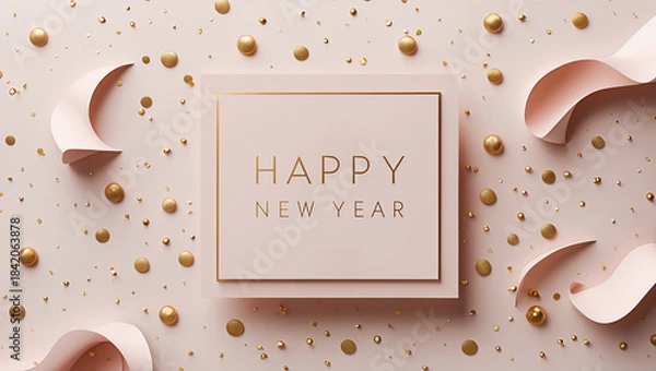 Fototapeta A Happy New Year card design using cloud pink color as background, surrounded by golden polka dots