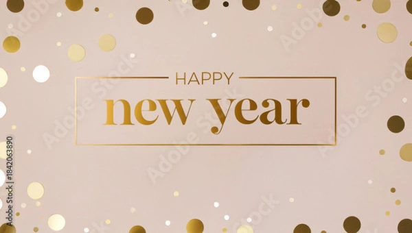 Fototapeta A Happy New Year card design using cloud pink color as background, surrounded by golden polka dots