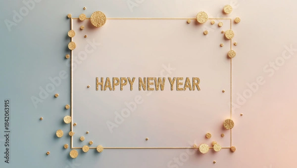 Fototapeta A pastel Happy New Year card design using gradient pink and blue, subtle golden polka dots arranged lightly around the border